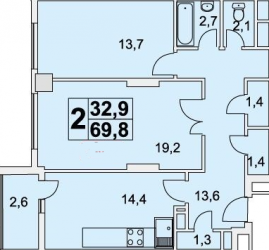 Двухкомнатная квартира 69.8 м²