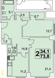 Двухкомнатная квартира 73.8 м²